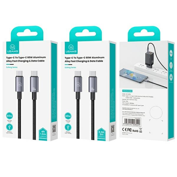 USAMS Kabel USB-C na USB-C 60W 2m Fast Charging stalowy/tarnish SJ664USB01 (US-SJ664)