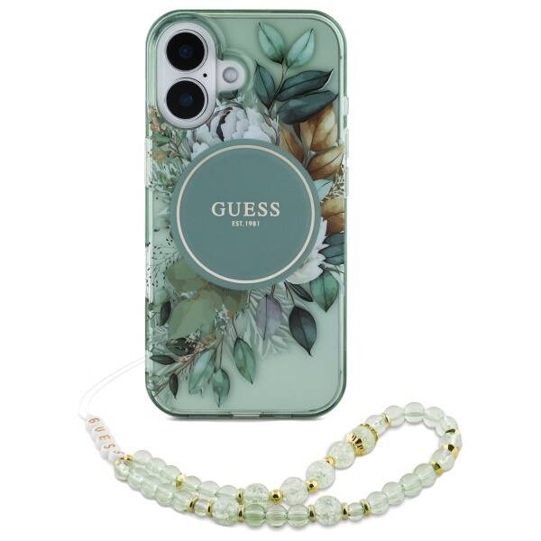 Etui Guess iPhone 16 6.1" zielony/green hardcase IML Flowers With Pearl Strap MagSafe