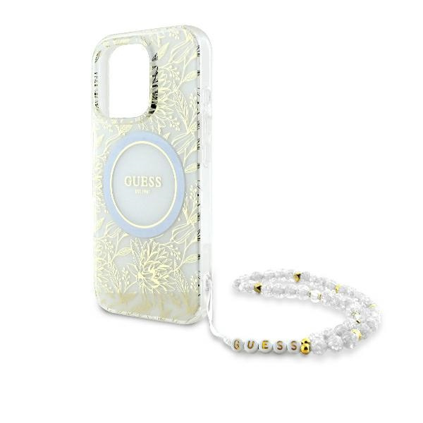 Etui Guess iPhone 16 Pro Max 6.9" biały/white hardcase IML Flowers Allover Electro With Pearl Strap MagSafe