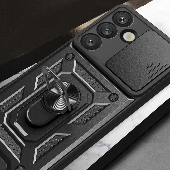 Etui pancerne Hybrid Armor Camshield z osłoną aparatu i metalowym ringiem do Samsung Galaxy S25 - czarne