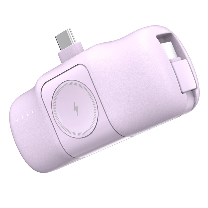 Powerbank Mini Wozinsky WF16-YCS 5000mAh 15W USB-C z wbudowanym kablem USB-C i ładowarką do Apple Watch - fioletowy