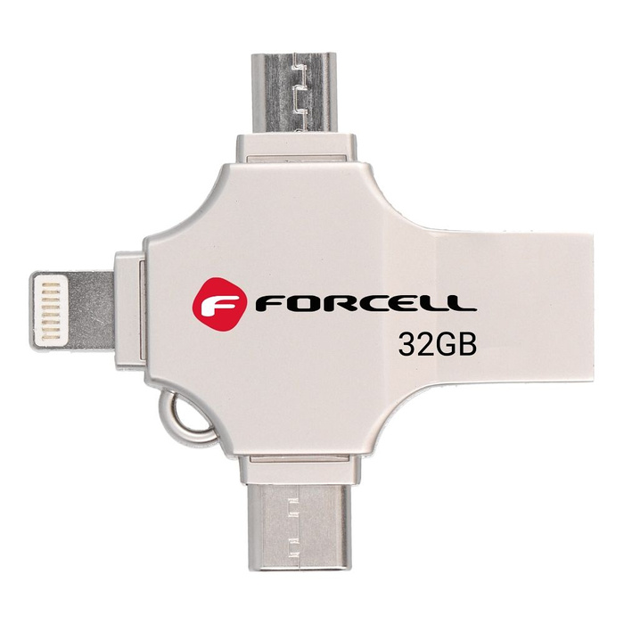 Pendrive 32GB USB 3.2 Gen 1 (USB A / USB C / Lightning / Micro USB) Forcell F-Data Metal Quad srebrny