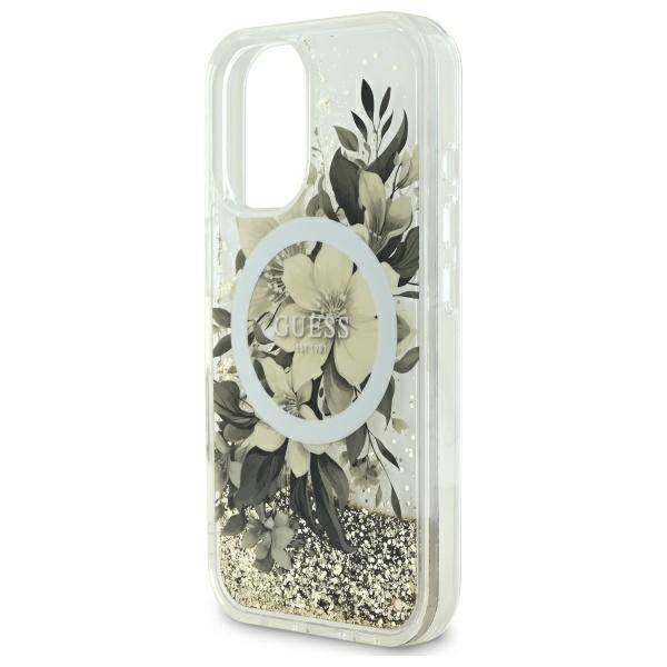 Etui Guess iPhone 16 6.1" beżowy/beige hardcase Liquid Glitter Flower MagSafe