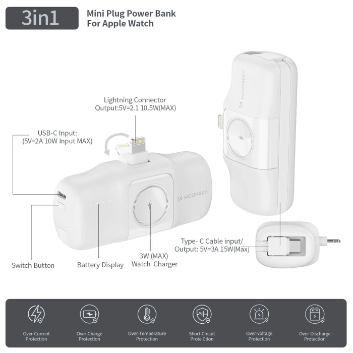 Mini powerbank Wozinsky WF16-YLS 5000mAh 15W Lightning z wbudowanym kablem USB-C i ładowarką do Apple Watch - biały