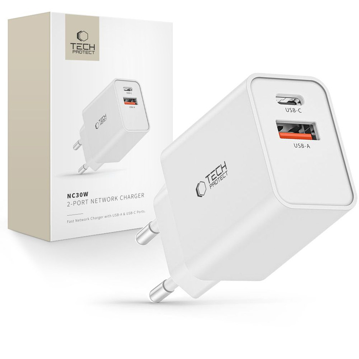 ŁADOWARKA TECH-PROTECT NC30W 2-PORT NETWORK CHARGER PD30W/QC3.0 WHITE