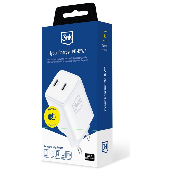 Ładowarka sieciowa 3MK Hyper Charger PD 45W GaN QC4+ PPS 2C Super-Fast Charge 2.0 Biały