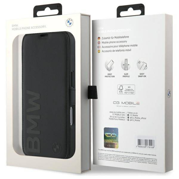 Etui BMW iPhone 16 czarny/black bookcase Signature Leather Wordmark