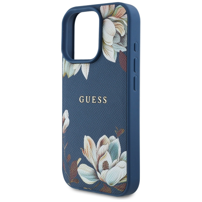 Etui Guess Grained Printed Flower         Pattern MagSafe do iPhone 16 Pro niebieski