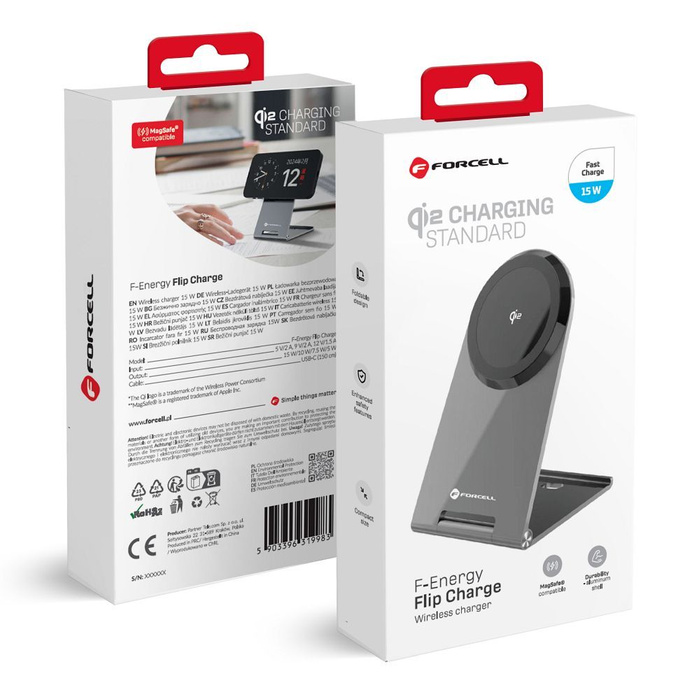 Ładowarka indukcyjna Forcell F-Energy Flip Charge USB C Qi2 15W zgodna z MagSafe srebrna 0INT