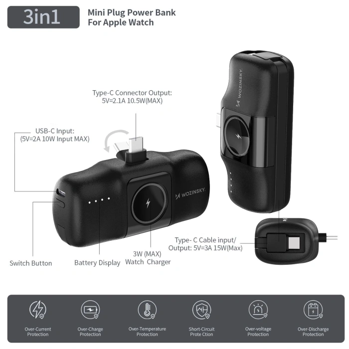 Mini powerbank Wozinsky WF16-YCS 5000mAh 15W USB-C z wbudowanym kablem USB-C i ładowarką do Apple Watch - czarny