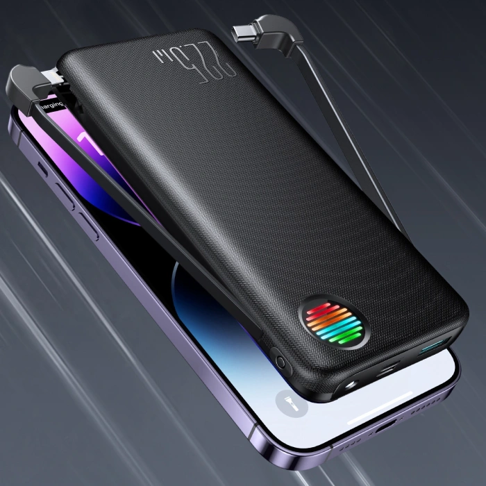 Powerbank Joyroom JR-L014 22.5W 10000mAh z wbudowanymi kablami USB-C / Lightning + kabel USB-A - USB-C 0.25m - czarny