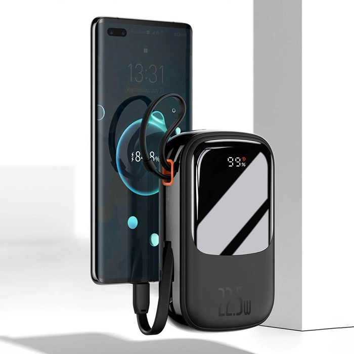 Powerbank Baseus Qpow Digital Display z szybkim ładowaniem 10000mAh 22,5W QC/PD/SCP/FCP z wbudowanym kablem USB-C biały
