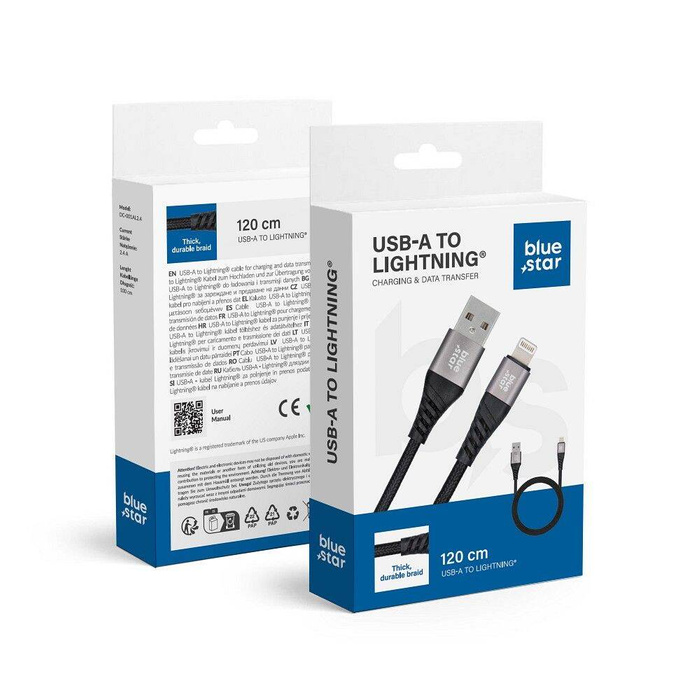 Kabel USB A do Lightning Blue Star 2,4A z oplotem 1,2 m TFK-DC-003 czarny 
