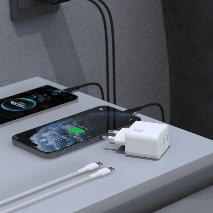 Ładowarka sieciowa Dudao A28PCEU PD 45W GaN 2xUSB-C z kablem USB-C - biała