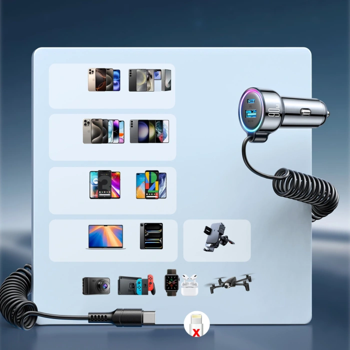 Ładowarka samochodowa 3w1 Joyroom JR-CL07 72W z kablem USB-C 1.6m – czarna