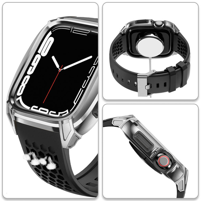 Pasek Kingxbar CYF148 2w1 pasek Apple Watch Ultra, SE, 8, 7, 6, 5, 4, 3, 2, 1 (49, 45, 44, 42  mm) z wbudowanym pancernym etui ze stali nierdzewnej srebrny