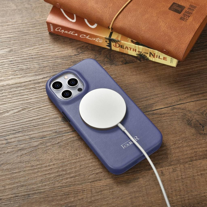 iCarer CE Premium Leather Folio Case skórzane etui iPhone 14 Pro z klapką magnetyczne MagSafe jasnofioletowy (WMI14220714-LP)