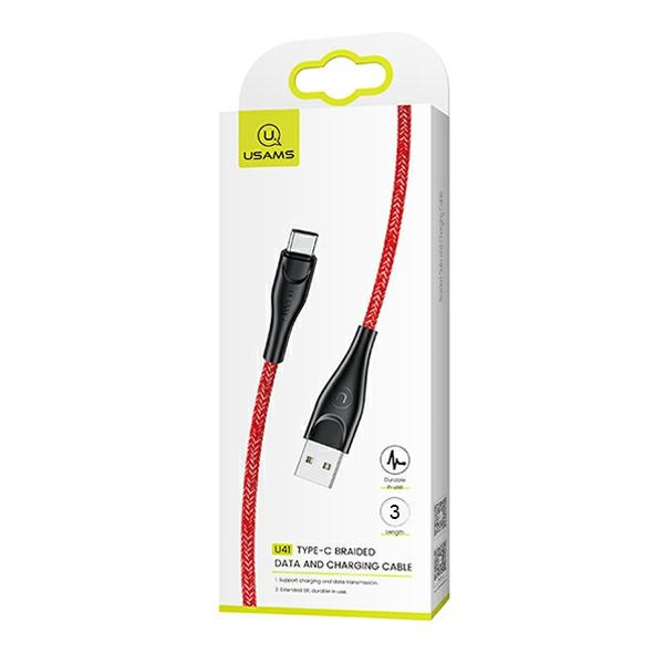 USAMS Kabel pleciony U41 USB-C Fast Charge 3m czerwony/red SJ398USB02 (US-SJ398)
