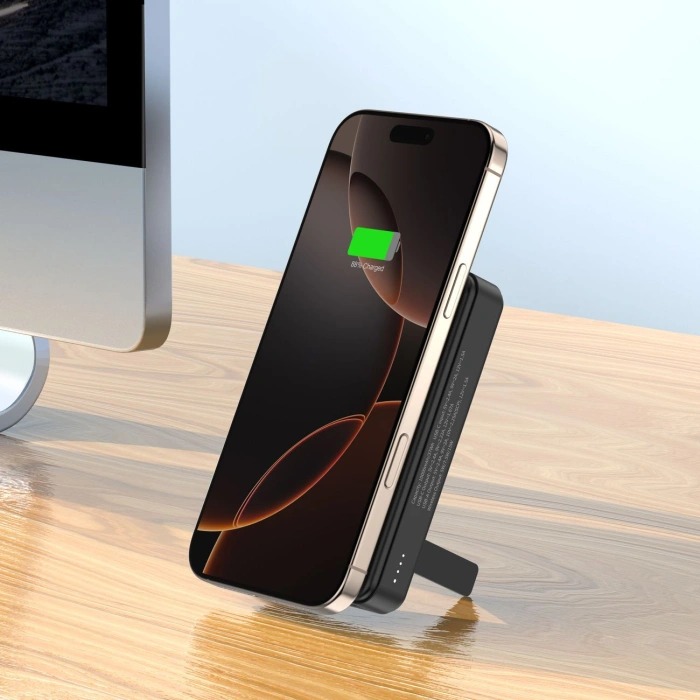 Powerbank Wozinsky WLWP-10KA0Y3S 22,5W PD Qi2 10000 mAh, z podstawką, 1x USB-A, 1x USB-C - czarny