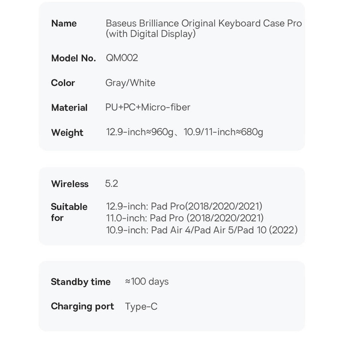 Baseus Brilliance klawiatura bluetooth etui iPad Pro 11'' (2018/2020/2021) / iPad Air 4 10.9'' / iPad Air 5 10.9'' / iPad 10 10.9'' (2022) magnetyczne z klapką podstawka szare