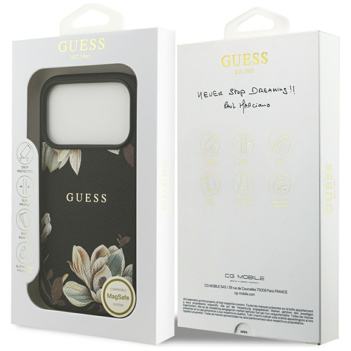 Etui Guess Grained Flowers Classic Logo  MagSafe do iPhone 17 Pro czarny