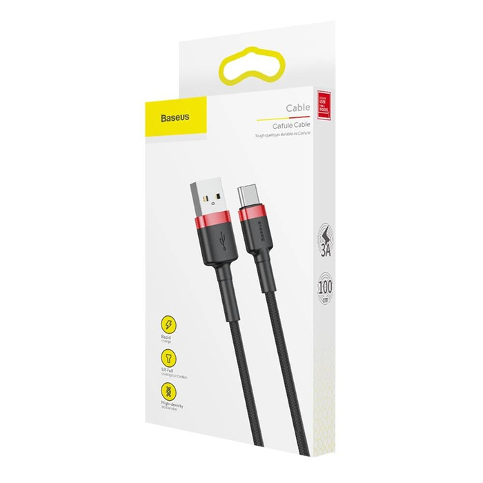 Baseus Cafule Cable wytrzymały nylonowy kabel przewód USB / USB-C QC3.0 3A 1M czarno-czerwony (CATKLF-B91)