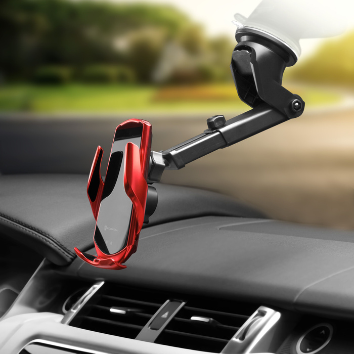Uchwyt na telefon do samochodu indukcyjny automatyczny Forcell F-Grip HS1 Qi 15W do szyby / kratki czerwony