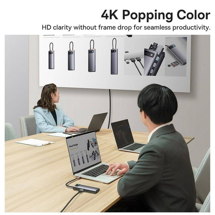 Stacja dokująca HUB Baseus Metal Gleam Series 8 w 1 USB Typ C - 1 x HDMI /  3 x USB 3.2 Gen. 1 / 1 x Power Delivery / 1 x czytnik kart SD / 1 x czytnik kart TF / 1 x VGA szary (WKWG050013)