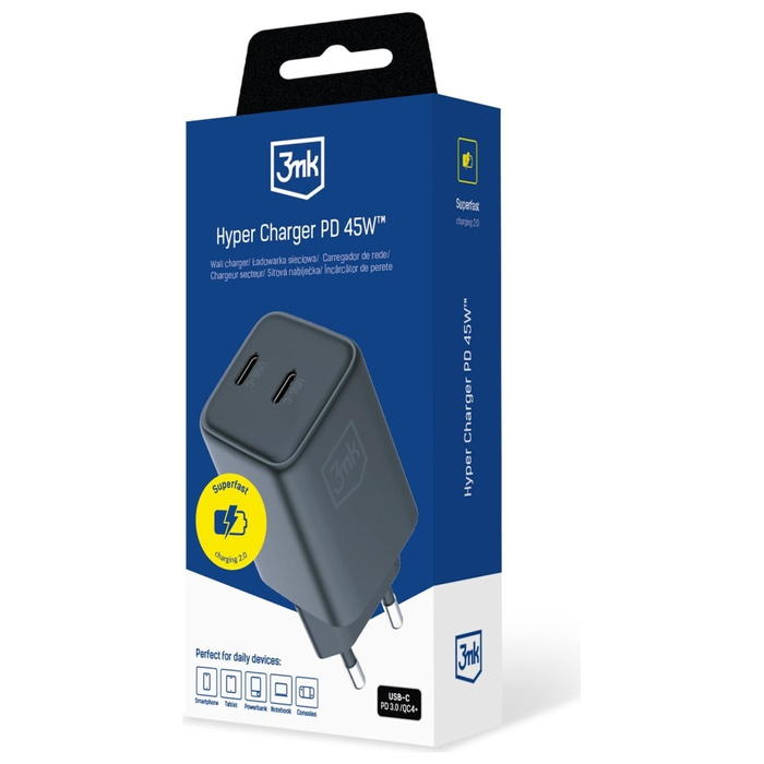 Ładowarka sieciowa 3MK Hyper Charger PD 45W GaN QC4+ PPS 2C Super-Fast Charge 2.0 Czarny