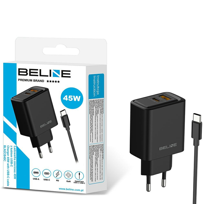 Ładowarka sieciowa Beline 45W GaN        USB-A/USB-C + kabel USB-C/USB-C BLN2CB45C czarny