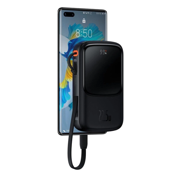 [PO ZWROCIE] Baseus Qpow Digital Display powerbank z szybkim ładowaniem 10000mAh 22,5W QC/PD/SCP/FCP z wbudowanym kablem USB-C czarny