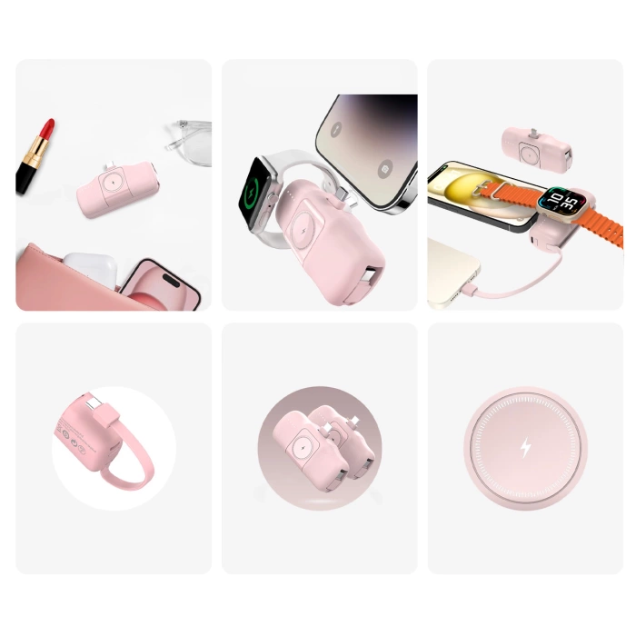 Mini powerbank Wozinsky WF16-YCS 5000mAh 15W USB-C z wbudowanym kablem USB-C i ładowarką do Apple Watch - różowy