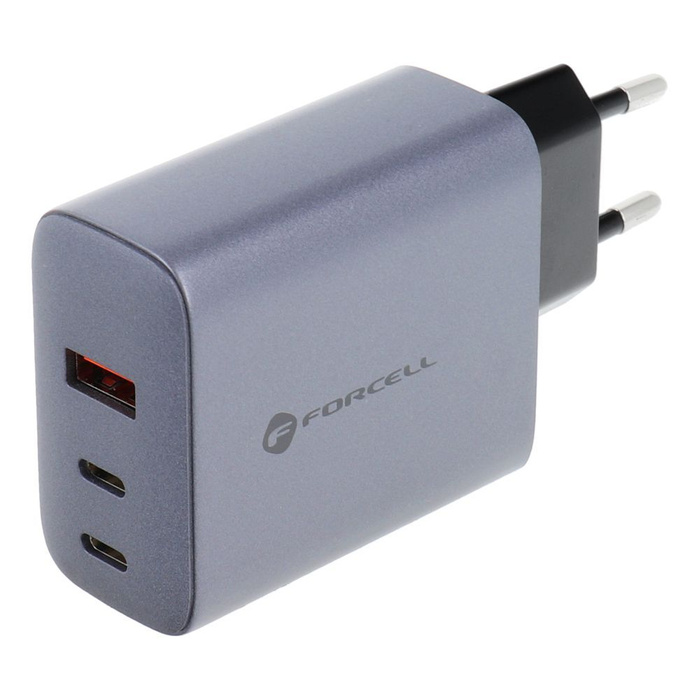 Ładowarka sieciowa do telefonu Forcell F-Energy GaN 2 x USB C + USB A QC4.0 PD 4A 65W VT-42B szara