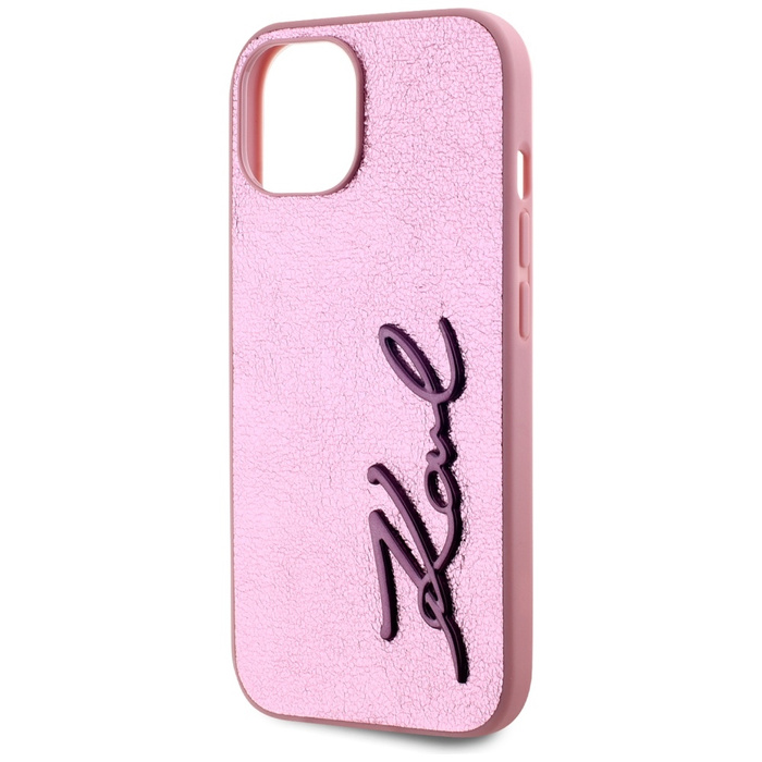 Etui Karl Lagerfeld Wrinkled Metal       Signature do iPhone 15 różowy