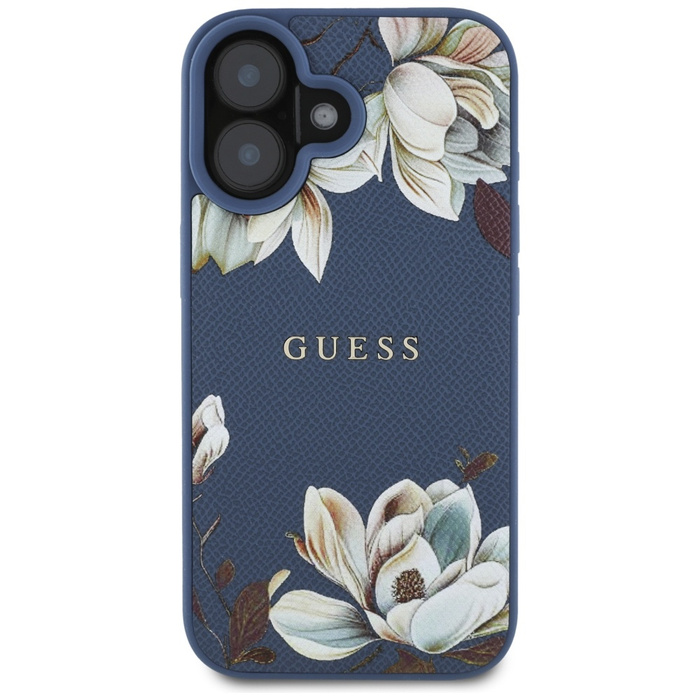 Etui Guess Grained Printed Flower         Pattern MagSafe do iPhone 16 niebieski