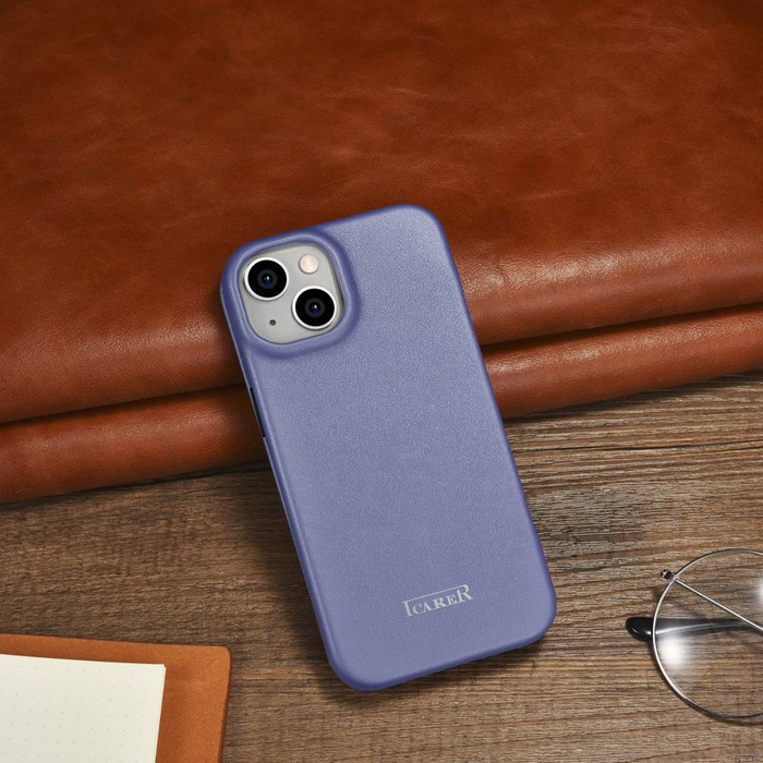 iCarer CE Premium Leather Folio Case skórzane etui iPhone 14 Plus z klapką magnetyczne MagSafe jasnofioletowy (WMI14220715-LP)