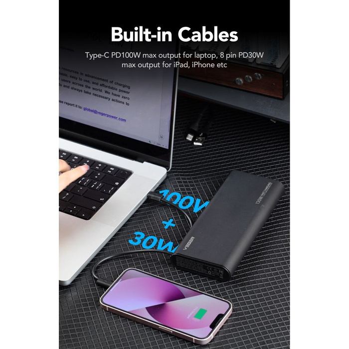 Powerbank Veger TCE130 (W2503) PD 130W 25000 mAh z wbudowanymi kablami Typ C / Lightning czarny 0INT