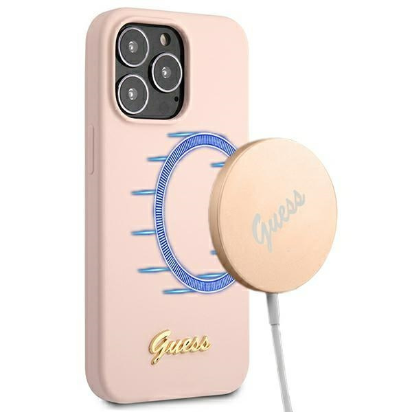 Etui GUESS Apple iPhone 13 13 Pro Silicone Script Gold Logo Magsafe Różowy Hardcase