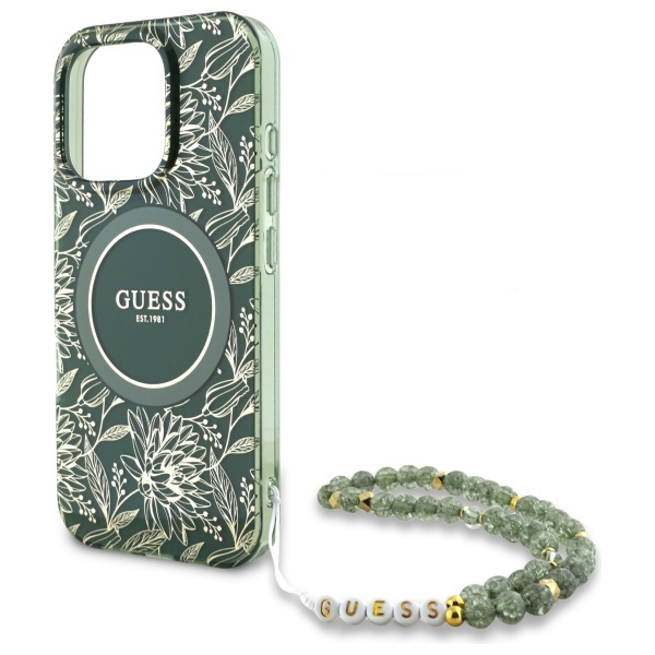 Guess GUHMP16XHCPOFPA iPhone 16 Pro Max   6.9" zielony/green hardcase IML Flowers Allover Electro With Pearl Strap MagSafe