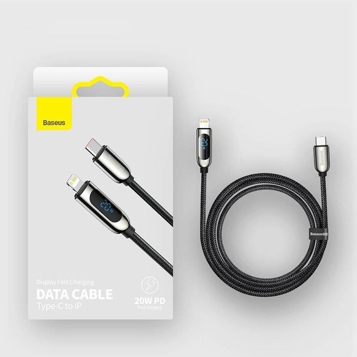 Baseus kabel do szybkiego ładowania USB Typ C - Lightning 20W Power Delivery z wyświetlaczem ekranem miernik mocy 2m czarny (CATLSK-A01)