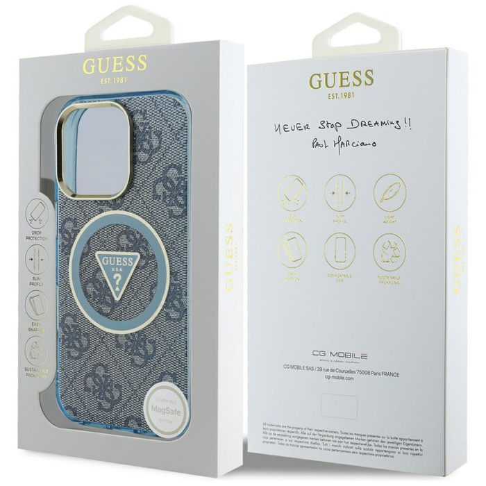 Etui Guess IML Metal Glitter 4G Circle   Triangle MagSafe do iPhone 16 Pro niebieski