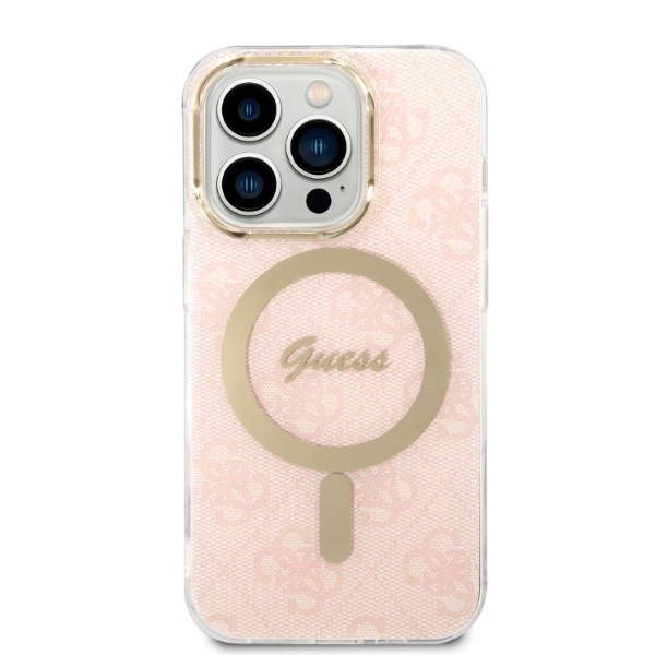 Zestaw Etui Guess Case+ Charger iPhone 14 Pro 6,1" różowy/pink hard case 4G Print MagSafe