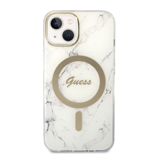 Zestaw Etui Guess Case+ Charger iPhone 14 Plus 6,7" biały/white hard case Marble MagSafe