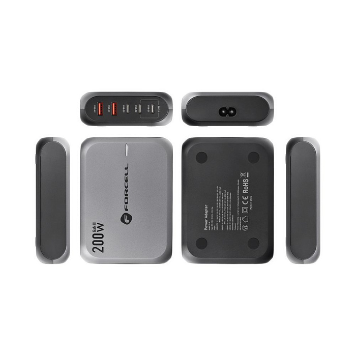 Ładowarka biurkowa Forcell F-Energy GaN III 3 x USB C + 2 x USB A QC4.0 PD 5A 200W VT-51 szara