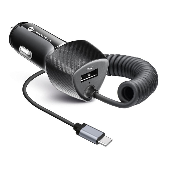 FORCELL F-ENERGY Carbon CC50-1AC ładowarka samochodowa USB A z kablem Typ C PD QC3.0 3A 38W czarna