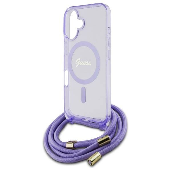 Etui Guess iPhone 16 fioletowy/purple hardcase Crossbody Cord Script MagSafe