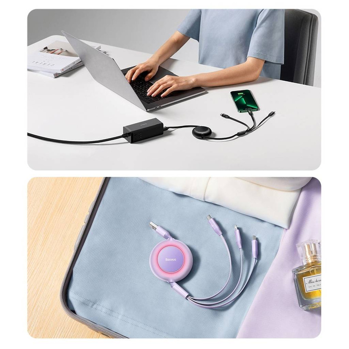 Baseus Bright Mirror 2 zwijany kabel przewód 3w1 USB Typ A - micro USB + Lightning + USB Typ C 66W 1.1m fioletowy (CAMJ010105)