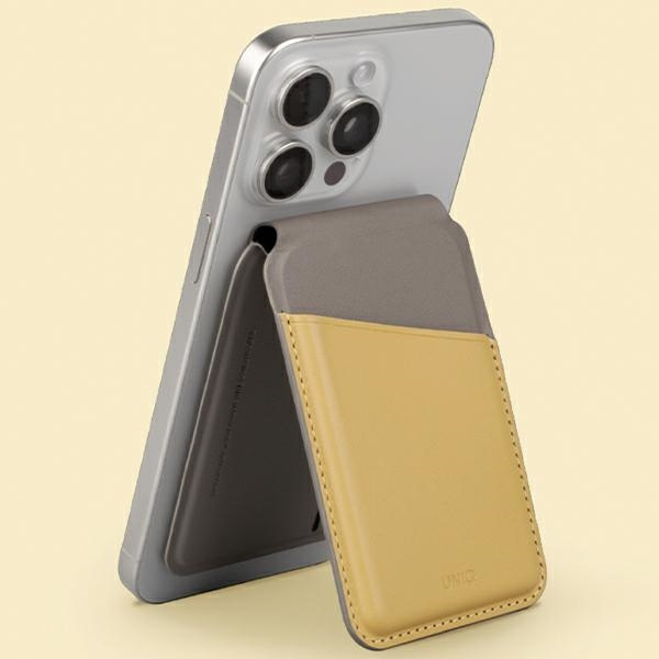 Portfel UNIQ Lyden DS magnetyczny RFID ze stojakiem na telefon - żółto-szary