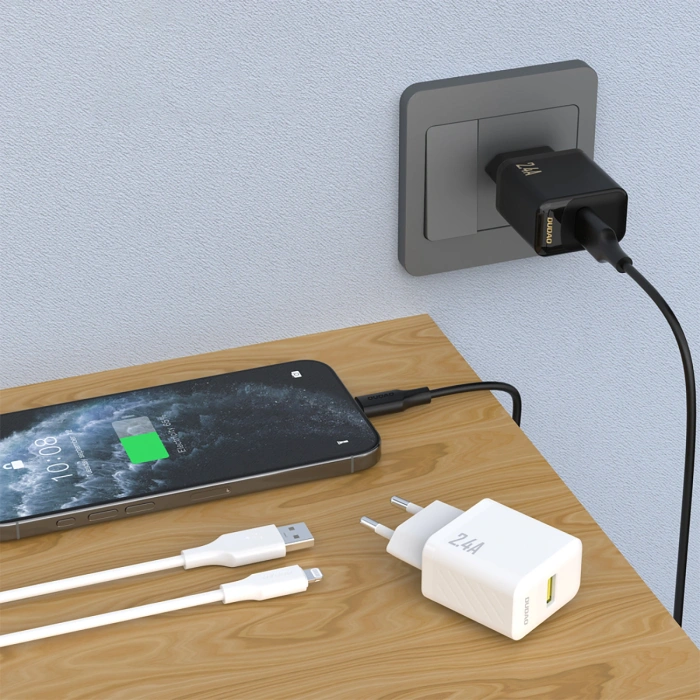 Ładowarka sieciowa Dudao A23LEU 2.4A GaN EU USB-A z kablem USB-A - Lightning - czarna