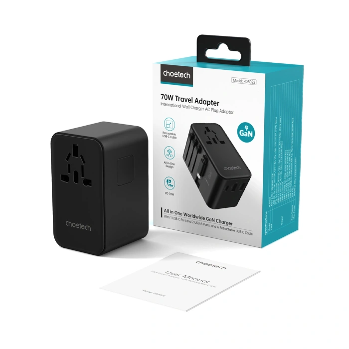 Ładowarka podróżna Choetech PD5022 70W EU / US / AUS / UK z wbudowanym kablem USB-C - czarna